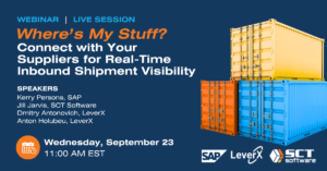 shipping containers with copy annoucing Where's My Stuff? webinar on September 23 2026 for SAP